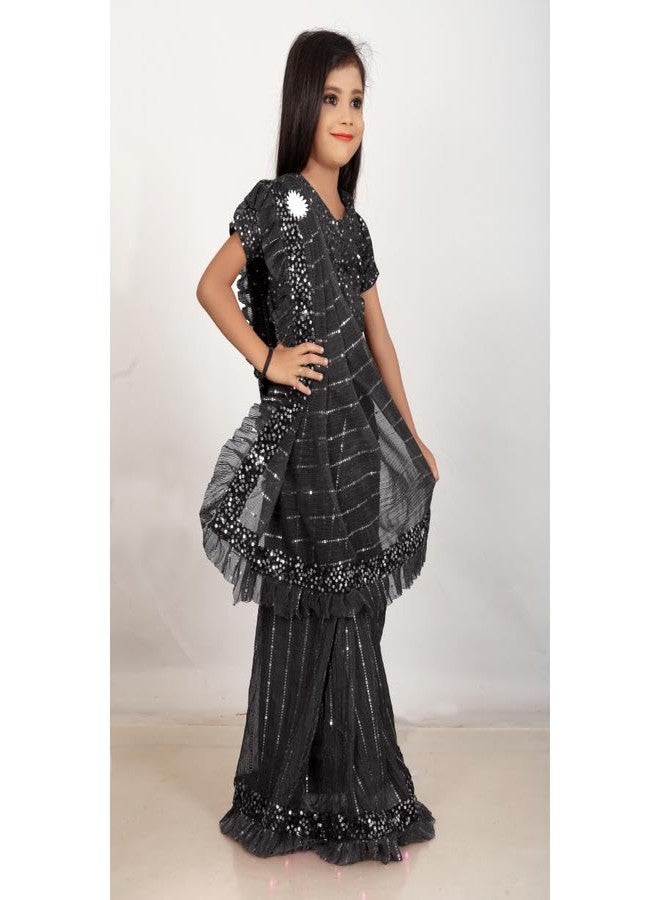 MEBBER Girl's Sequin Super Net Kids Saree Elegant Ethnic Wear for Girls Includes Stylish Separate Blouse Piece (Grey, 5-6 Years) - Image 2